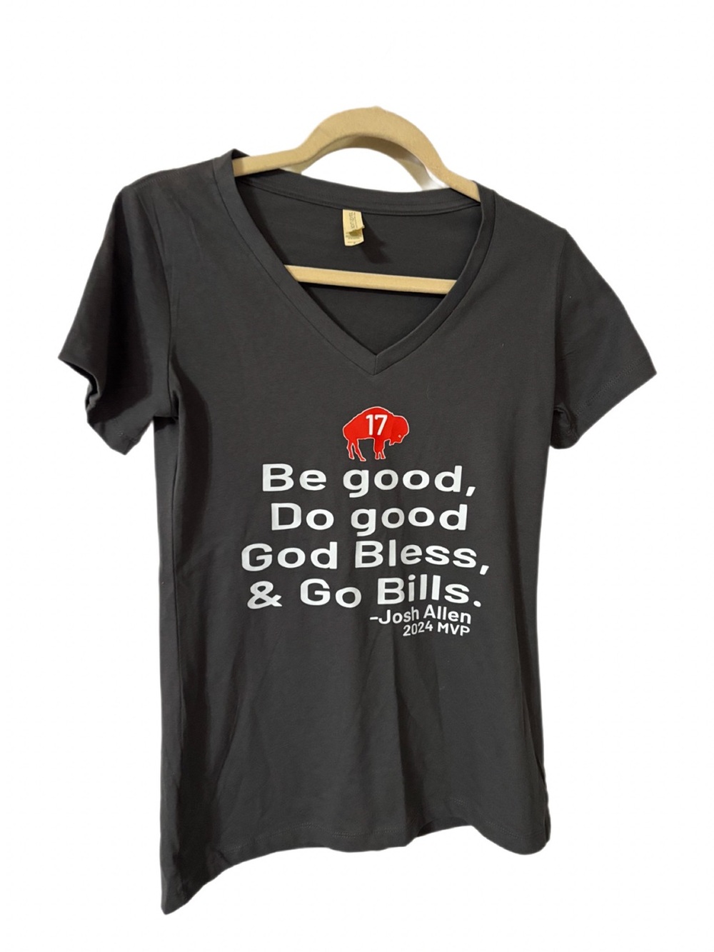 Next Level Apparel Black V-Neck Tee with White Slogan and Red Buffalo Graphic